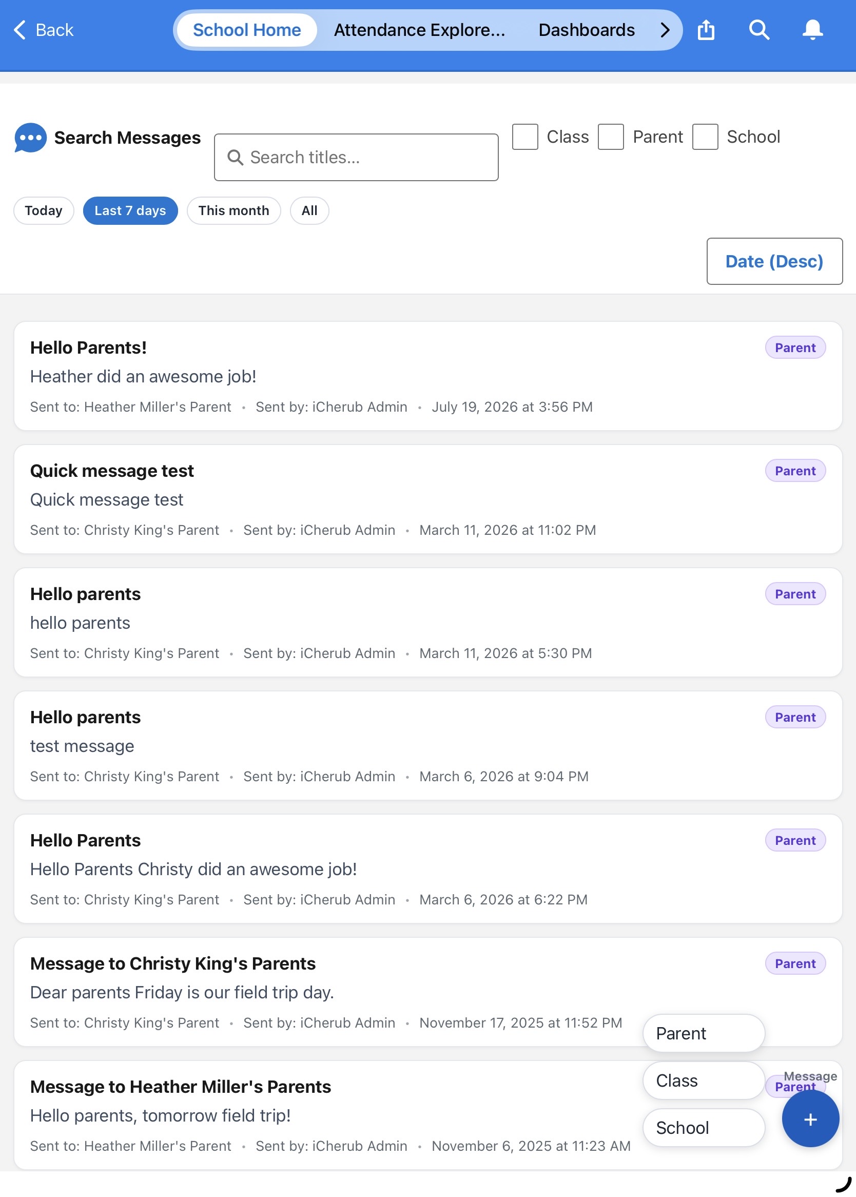 InstaMessage parent communication screen